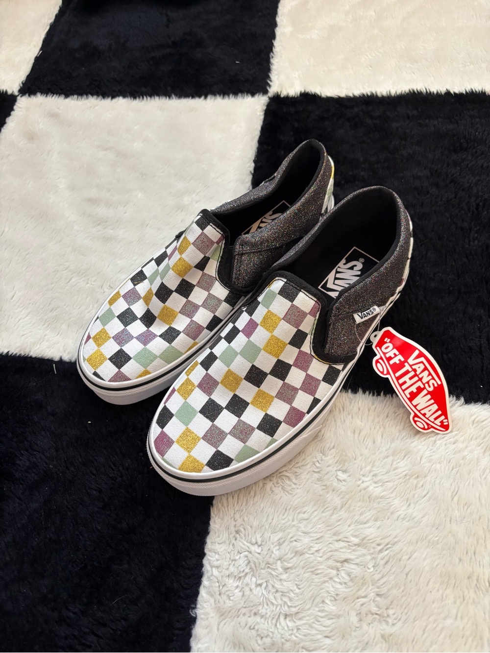 Vans Slip-On Checkerboard Sneakers in Black, White, Gold, Green, Purple